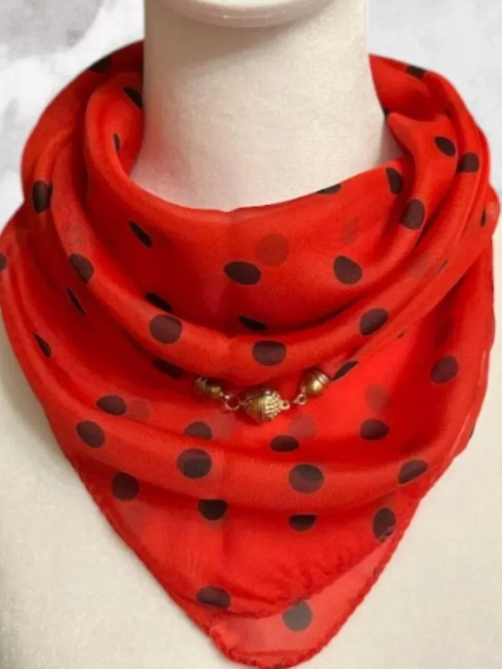 Red Black Polka Dot Scarf Gold Charm Detail Lightweight Elegant Wrap